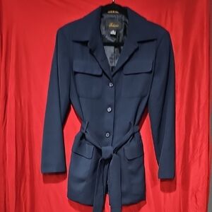 Vintage Fabiano Navy Safari Jacket with Belt, Pockets – Size 6, 90s
